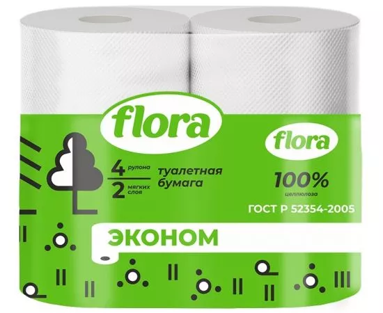 850614 - Туалетная бумага 2 слоя 4 рулона классика FLORA (1)
