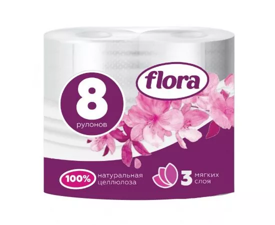 850617 - Туалетная бумага 3 слоя 8 рулонов классика FLORA (1)