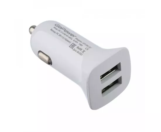 855249 - Автомобильный б/п 12V-5V GoPower GPC06-2U 2USB до 3,1A, белый (1)