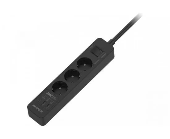 859409 - HARPER Сетевой фильтр ПВС 3х1 3роз. 3м 16А черный с USB быстрая зар. UCH-430 Black PD3.0 H00003202 (1)