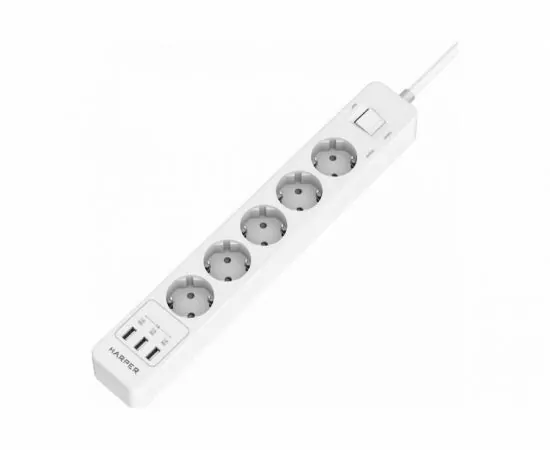 859415 - HARPER Сетевой фильтр ПВС 3х1 5роз. 5м 16А белый с USB 4000Вт UCH-550 White H00003206 (1)