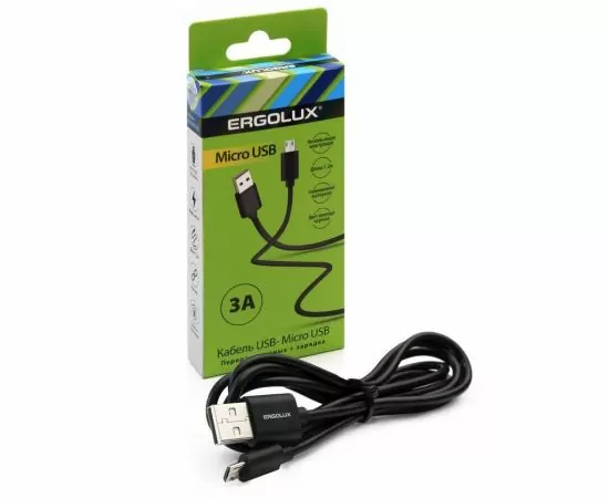 861366 - Дата-кабель USB(A)шт. - microUSBшт. ERGOLUX ELX-CDC01-C02 3А 1.2м, черный, коробка (1)