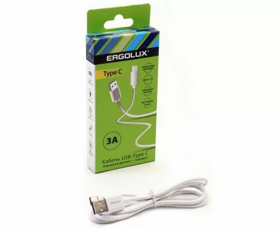 861393 - Дата-кабель USB(A)шт. - Type-Cшт. ERGOLUX ELX-CDC02-C01 3А 1.2м, белый, коробка (1)