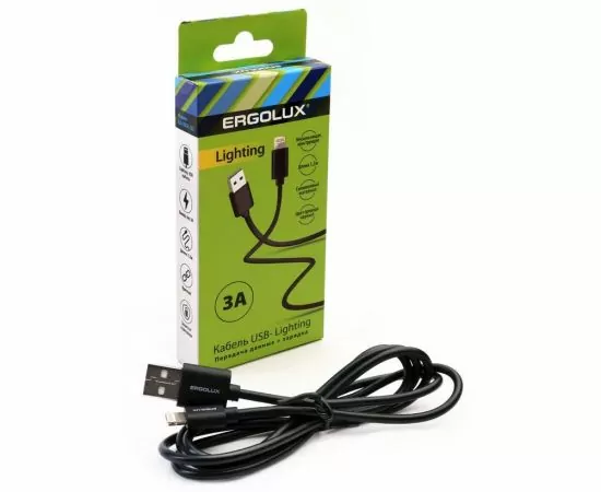 861397 - Дата-кабель USB(A)шт. - Lightning шт. ERGOLUX ELX-CDC03-C02 3А 1.2м, черный, коробка (1)