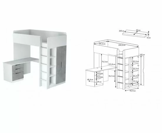 861401 - Кровать-чердак Polini kids Simple с письменным столом и шкафом, белый бетон (мест 8) (1)