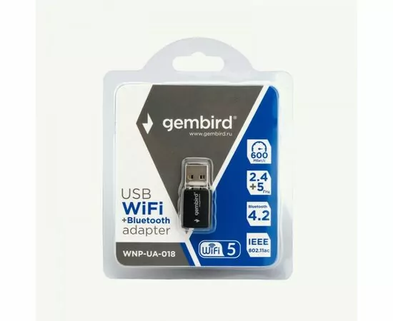 873213 - Адаптер сетевой двухдиапазонный WiFi+Bluetooth мини Gembird 600 Мбит, USB, 802.11b/a/g/n/ac 21190 (1)