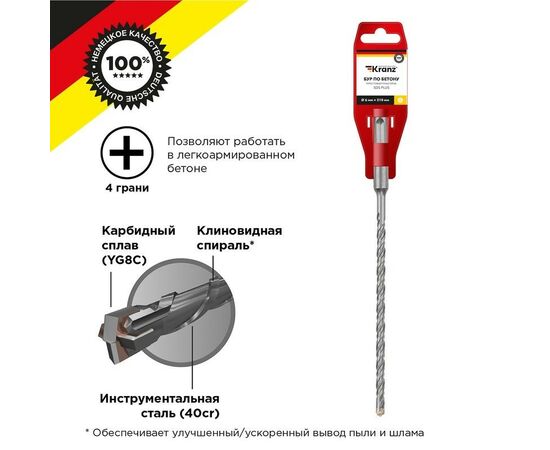 847386 - Бур по бетону 6x210x150 мм крестовая пластина SDS PLUS Kranz (цена за шт) KR-91-0803 (1)