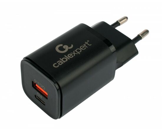 867201 - Зарядное устройство Cablexpert 30Вт, 3А, QC3.0/PD, 2 порта: USB и Type-C, черный, пакет (1)