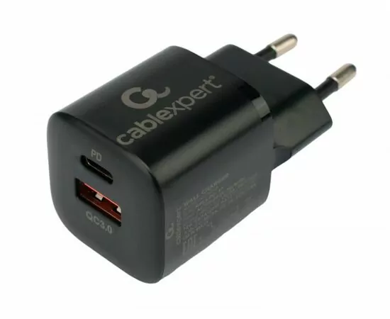 867203 - Зарядное устройство Cablexpert 20Вт, 3А, QC3.0/PD, 2 порта: USB и Type-C, черный, пакет (1)