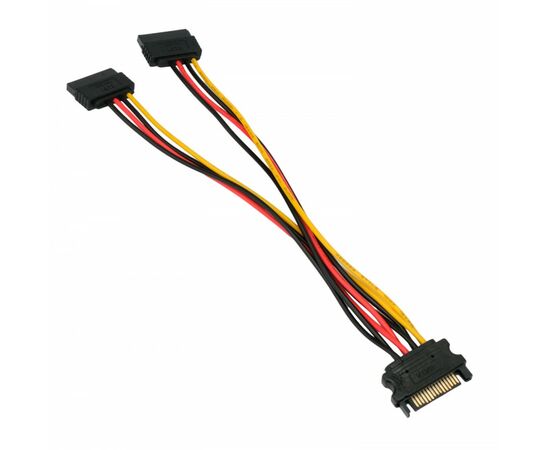 867211 - Кабель питания SATA Cablexpert, 15pin(M)/2x15pin(F), медь, метал.скобы, 20см, пакет (1)