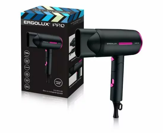 876290 - Фен ERGOLUX ELX-HD13-C02 PRO, 1,6кВт, склад.ручка, 2скор, 3 режима, холод.воздух, черн/розовый 7607 (1)