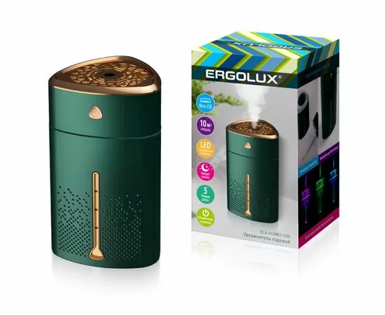 880108 - Увлажнитель ERGOLUX ELX-HUM01-C05,5Вт, 1л, распыление 100мл/час, подсветка микс, зелено-золотой 8895 (1)