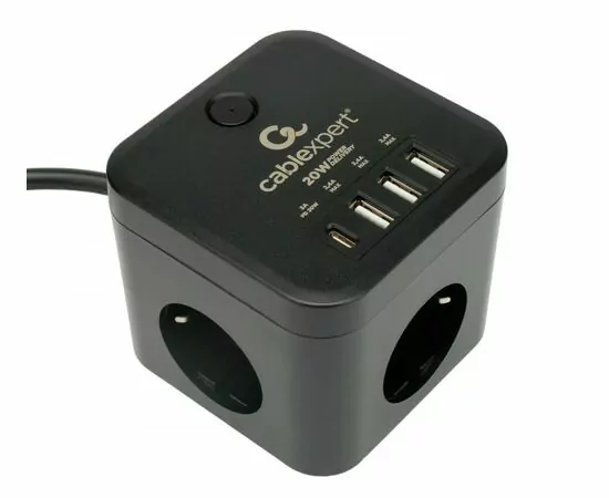 880500 - Cablexpert Сетевой фильтр (удл.) Cube ПВС 3х0.75 3роз. 1,5м 10А чер.Type-C,3xUSB,QC CUBE-3-CU3-B-1.5 (1)