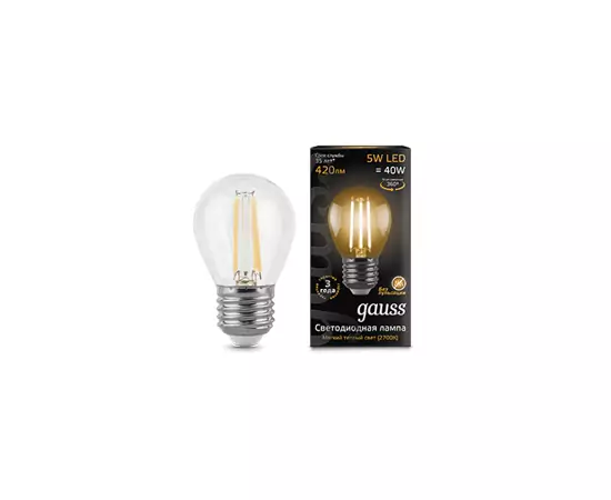 581772 - Лампа св/д Gauss Filament Шар G45 E27 5W(420lm) 2700K 80x45 филамент (нитевидная), прозр. 105802105 (2)