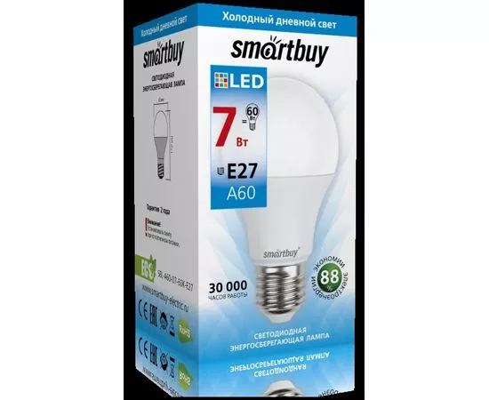 695636 - SmartBuy ЛОН A60 E27 7W(650lm) 6000K 6K 110x60 SBL-A60-07-60K-E27 (1)