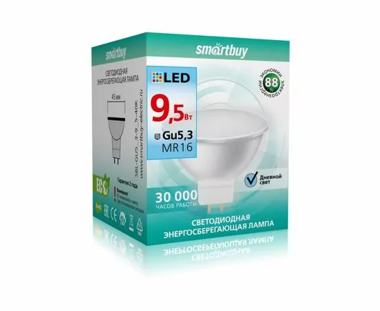 695817 - Smartbuy MR16 GU5.3 220V 9,5W(760lm) 4000K 4K 47x45 пластик SBL-GU5_3-9_5-40K (1)