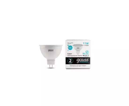 782781 - Gauss Elementary лампа MR16 GU5.3 220V 11W(850lm) 4100K 4K 50x50 матов., пластик 13521 (2)