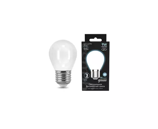 784759 - Gauss Filament Шар 9W(610lm) 4100K 4K E27 milky матов. филамент (нитевидная) 105202209 (2)
