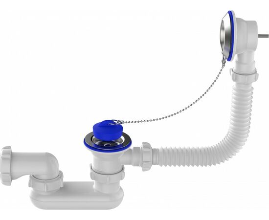 876380 - Aquant Сифон для ванны 1 1/2х40 плоский регулир., с выпуском и переливом, метал.решеткой,V610-10-MR (1)