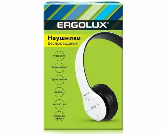 885130 - ERGOLUX наушники беспровод полноразмер, микрофон, акк. 250mAh, Bluetooth5.3 MP3 белый ELX-BTHP01-C01 (1)