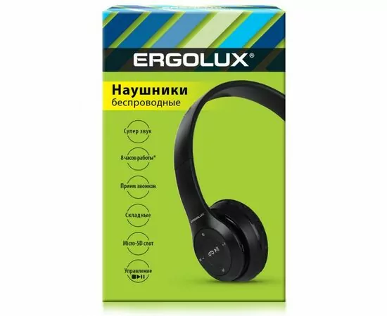 885131 - ERGOLUX наушники беспровод полноразмер, микрофон, акк. 250mAh, Bluetooth5.3 MP3 черн ELX-BTHP01-C01 (1)