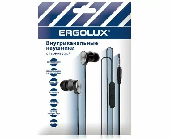 885160 - ERGOLUX наушники вкладыши с гарнитурой Jack3.5, провод 1.2м, черный ERGOLUX ELX-WHP02P-C02 ПРОМО (1)