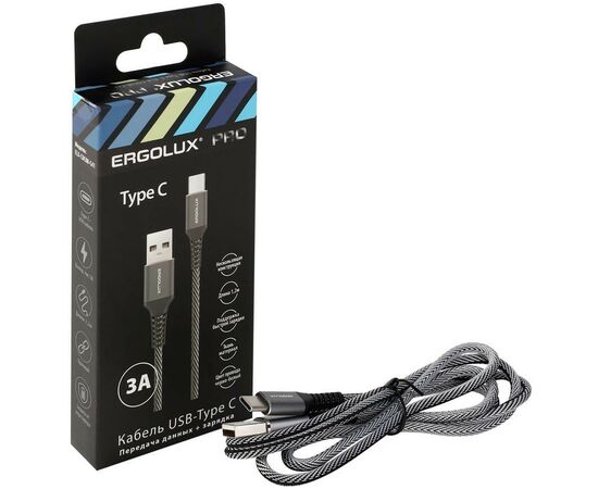 885168 - Дата-кабель USB(A)шт. - Type-Cшт. ERGOLUX ELX-CDC08-C41 3А 1.2м, черно-белый, ткань, коробка (1)