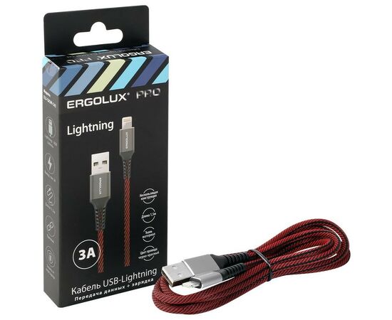 886678 - Дата-кабель USB(A)шт. - Lightning шт. ERGOLUX ELX-CDC09-C43 3А 1.5м, черно-красный, ткань, коробка (1)