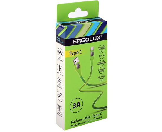 886681 - Дата-кабель USB(A)шт. - Type-Cшт. ERGOLUX ELX-CDC02-C05 3А 1.2м, зеленый, силикон, коробка (1)