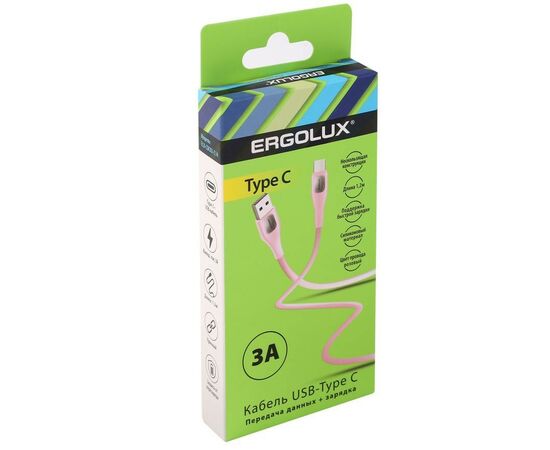 886683 - Дата-кабель USB(A)шт. - Type-Cшт. ERGOLUX ELX-CDC02-C14 3А 1.2м, розовый, силикон, коробка (1)