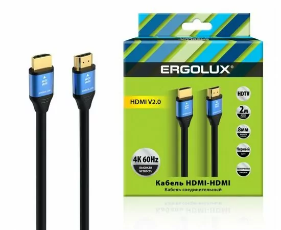 887007 - Кабель соединительный видео HDMI-HDMI ERGOLUX ELX-VC01-HDMI, 4K 60Hz, d=8мм, 2м, черный/золото (1)