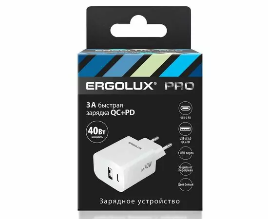 887008 - Сет.адаптер/зарядник/блок пит. USB+Type-C 110-270V, 5-9V/3A QC ERGOLUX ELX-РA04QC-C01 бел, коробка (1)