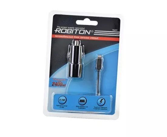 614304 - Блок пит. Robiton App04 Car Charging Kit 2.4A Iphone/Ipad DC/DC(5V 2.4A)импульс.,Iphone шт,USBBL1 (1)