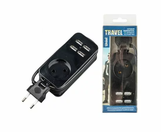 893165 - Uniel Travel сет.удл. ПВС 2х0.5 1роз. 1,5м 10A черный S-CT1-1,5U BLACK (1)