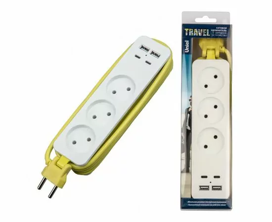 893169 - Uniel Travel сет.удл. ПВС 2x1.0 3роз. 1,8м 10A белый/салатов. S-CT3-1,8UC WHITE/GREEN 2USB+2TYPE C (1)