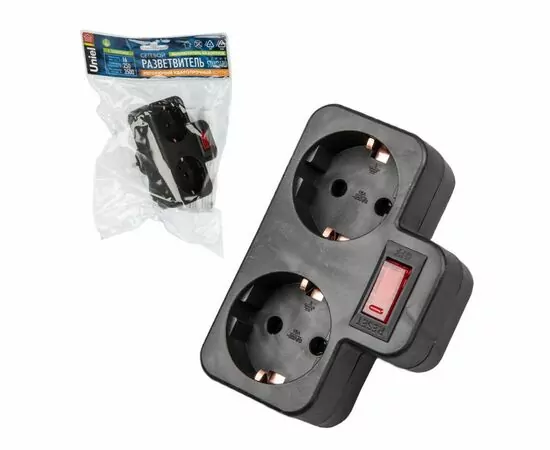 893791 - Uniel Разветвитель (тройник) 2роз. 16А черный, земля, выкл. S-GES2-16PB BLACK (1)