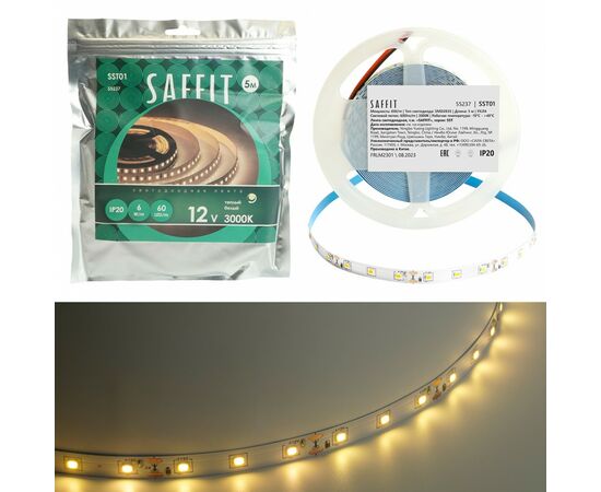 891591 - Saffit лента св/д 12V 6W/m 60SMD(2835)/m 3000K 5000х8х1.22мм IP20 SST01 55237 (1)