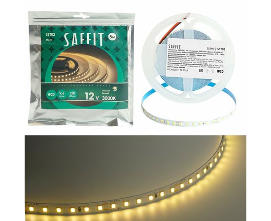 891594 - Saffit лента св/д 12V 9.6W/m 120led/m IP20 3000K 2K интер. 8х1.22мм 5м цена за шт. SST02 55240 (1)