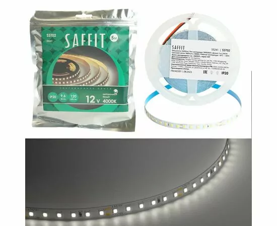 891595 - Saffit лента св/д 12V 9.6W/m 120led/m IP20 4000K 4K интер. 8х1.22мм 5м цена за шт. SST02 55241 (1)