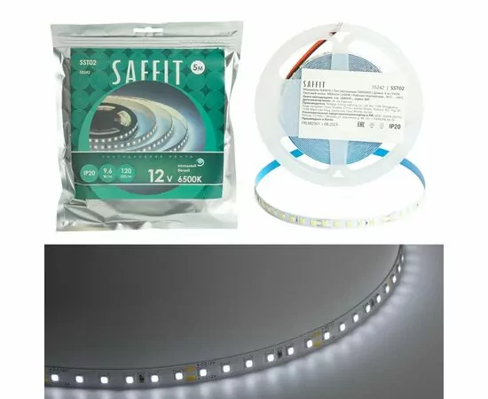 891596 - Saffit лента св/д 12V 9.6W/m 120led/m IP20 6500K 6K интер. 8х1.22мм 5м цена за шт. SST02 55242 (1)