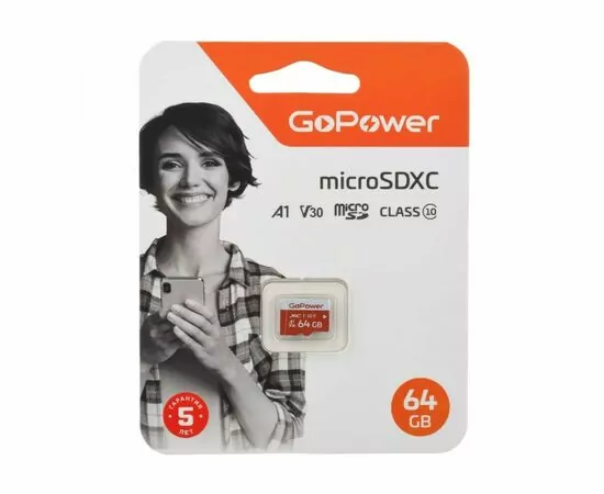 867439 - Карта памяти microSD GoPower 64GB Class10 UHS-I (U3) 100 МБ/сек V30 без адаптера 00-00025681 (1)