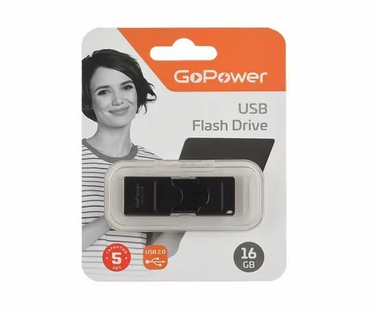 886726 - Флеш-накопитель GoPower SLIDER 16GB USB2.0 пластик черный матовый Арт.00-00025963 (1)