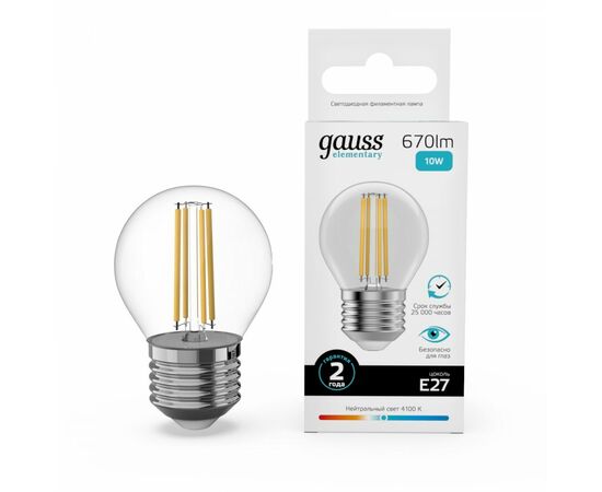 895000 - Gauss Elementary Filament Шар Е27 10W(670lm) 4100К 76х45 прозр, стекло, нитевид 52220 (1)