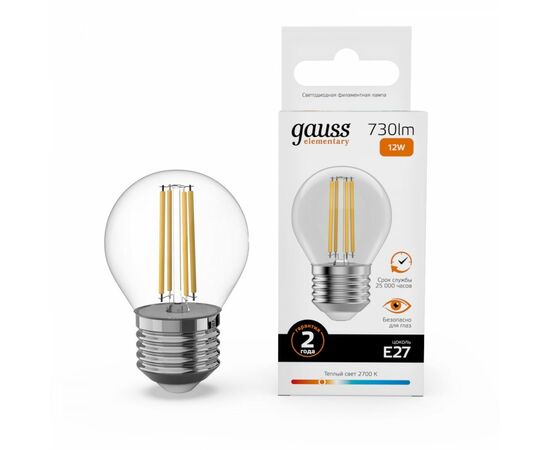 895002 - Gauss Elementary Filament Шар Е27 12W(730lm) 2700К 76х45 филамент (нитевидная), прозр 52212 (1)