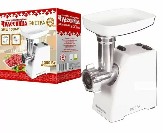 895444 - Мясорубка Чудесница ЭМШ 1500-Р1 Экстра, 1500Вт, 35кг/ч, реверс, поддон пластик, диск д/фарша, белая (1)