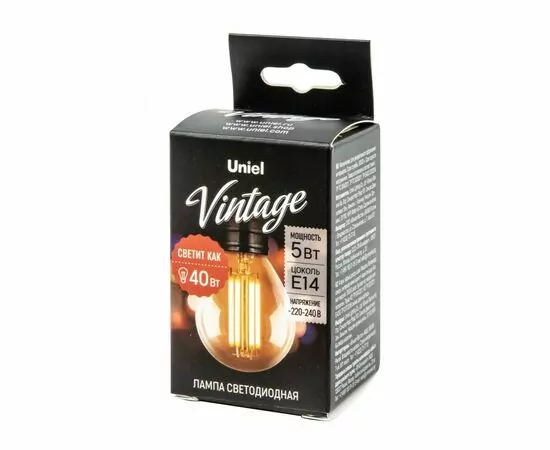 907989 - Uniel Vintage Шар G45 E14 5W(420lm) 2250K 2K филамент золотистая 72x45 LED-G45-5W/GOLDEN/E14 GLV21GO (1)