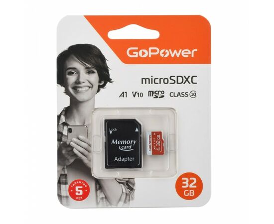 867435 - Карта памяти microSD GoPower 32GB Class10 UHS-I (U3) 80 МБ/сек V10 с адаптером 00-00025679 (1)