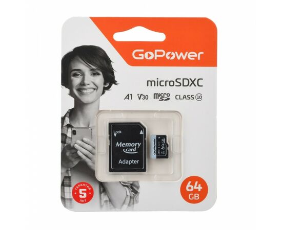 867438 - Карта памяти microSD GoPower 64GB Class10 70 МБ/сек V30 с адаптером 00-00025676 (1)