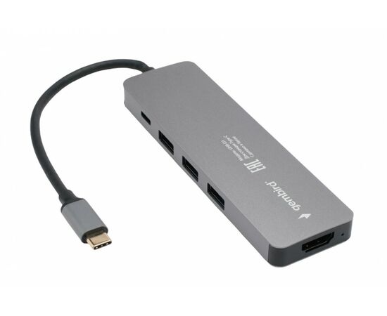 910352 - Разветвитель Type-C Gembird 5в1: 3хUSB3.1, PD100W, HDMI, кабель 17см, алюминий (1)