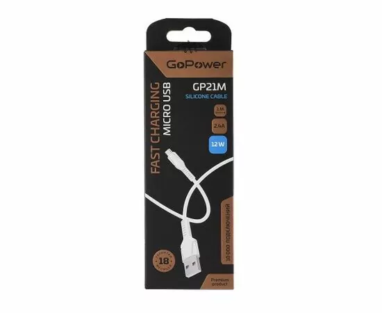 908609 - Кабель GoPower GP21M USB (m)-microUSB (m) 2.4A, 1м, силикон, белый (1)